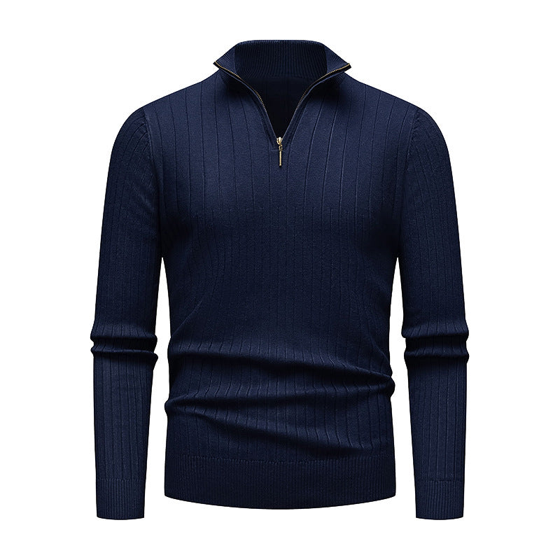 Men's Knitwear Half Zipped Stand Collar Striped Sweater