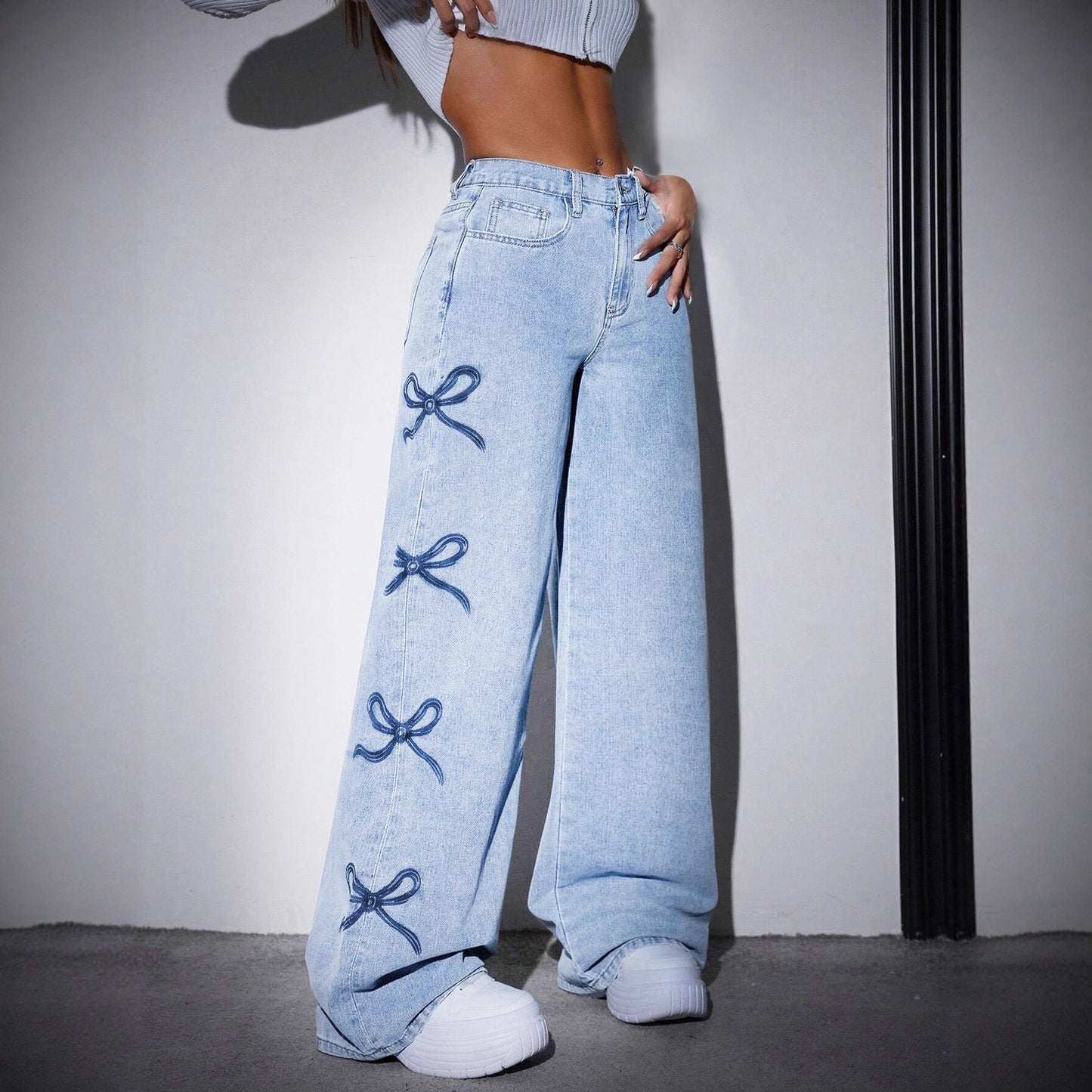 Printede lige-benede vide jeans