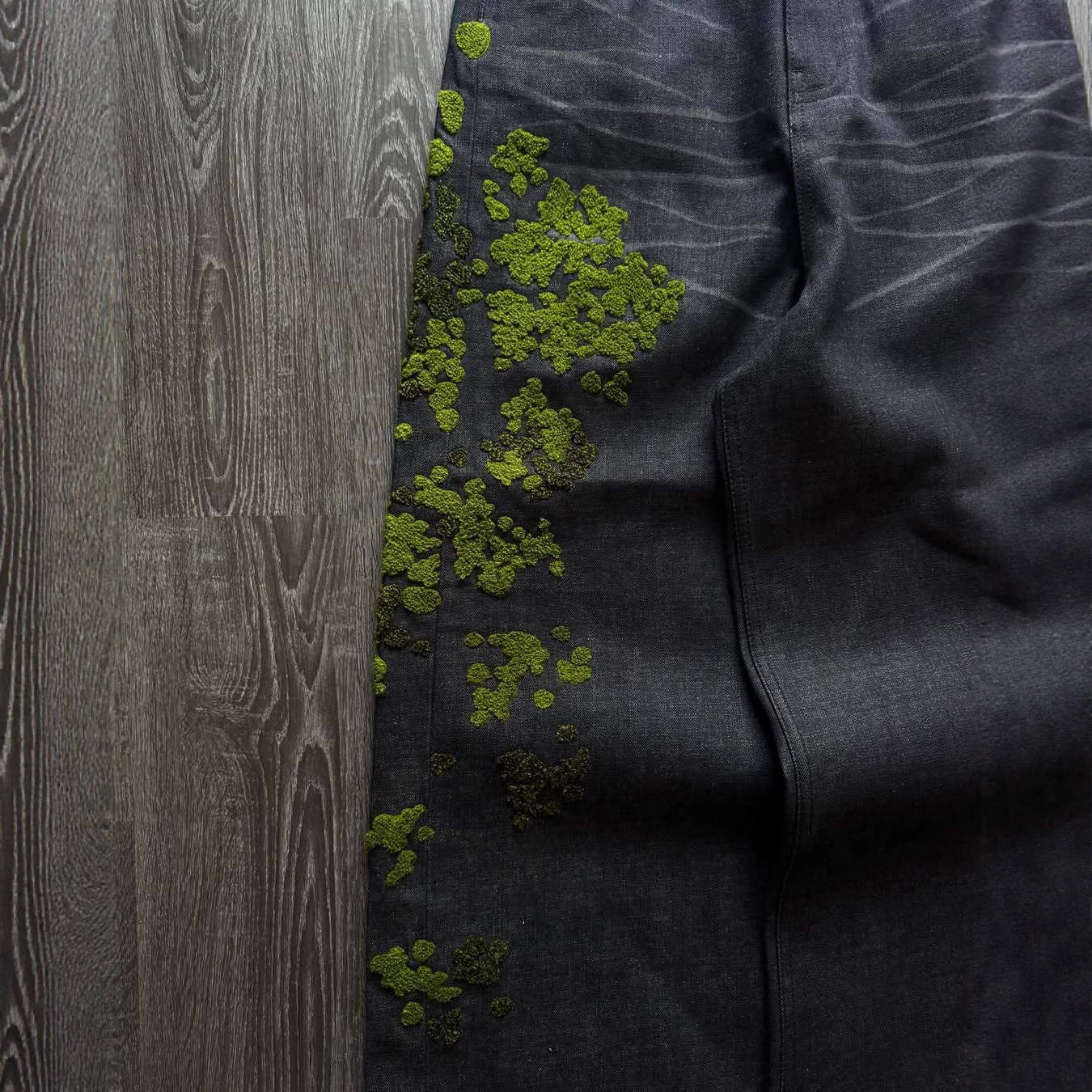 Street-style Denim Straight-leg Pants With Floral Embroidery