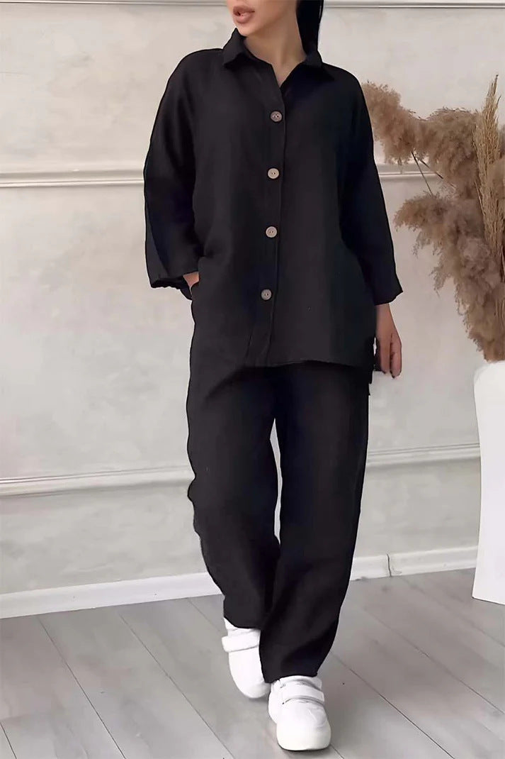 Cotton And Linen Shirt Outfit High Waist Loose Trousers