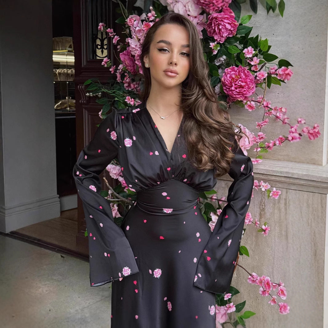 Womens Fashion V-Neck Printed Long-Sleeve Dress