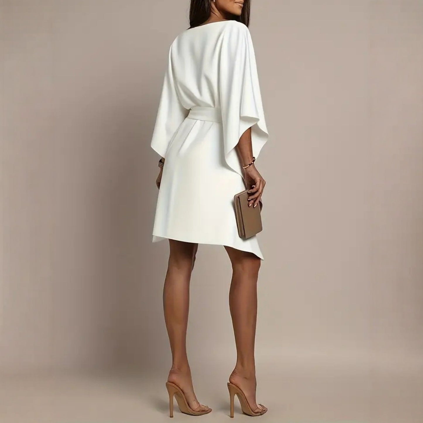 New Womens Loose Casual Dress In White With Batwing Sleeves And A Tie Waist