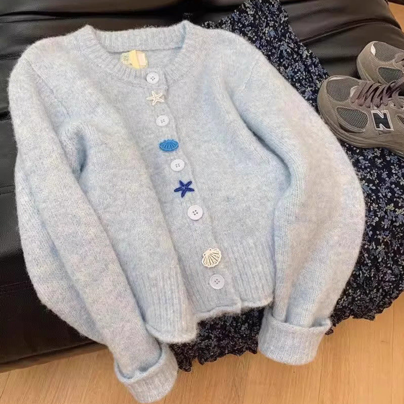 Milk Blue Gentle Soft Glutinous High-grade Knitted Cardigan Sweater