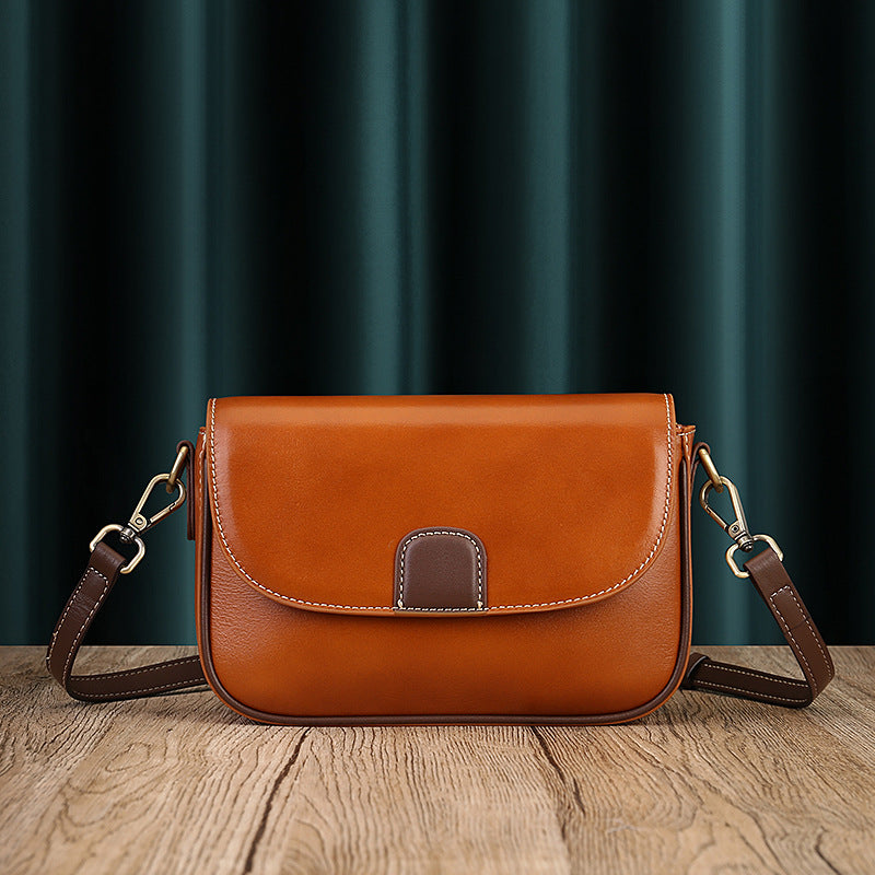 Retro Color Matching Small Square Head Layer Cowhide