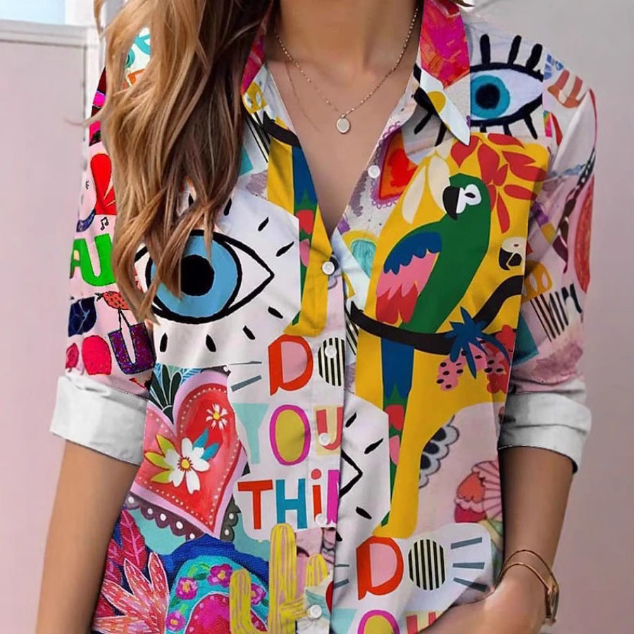 Womens Printed Lapel Long-Sleeve Shirt Top