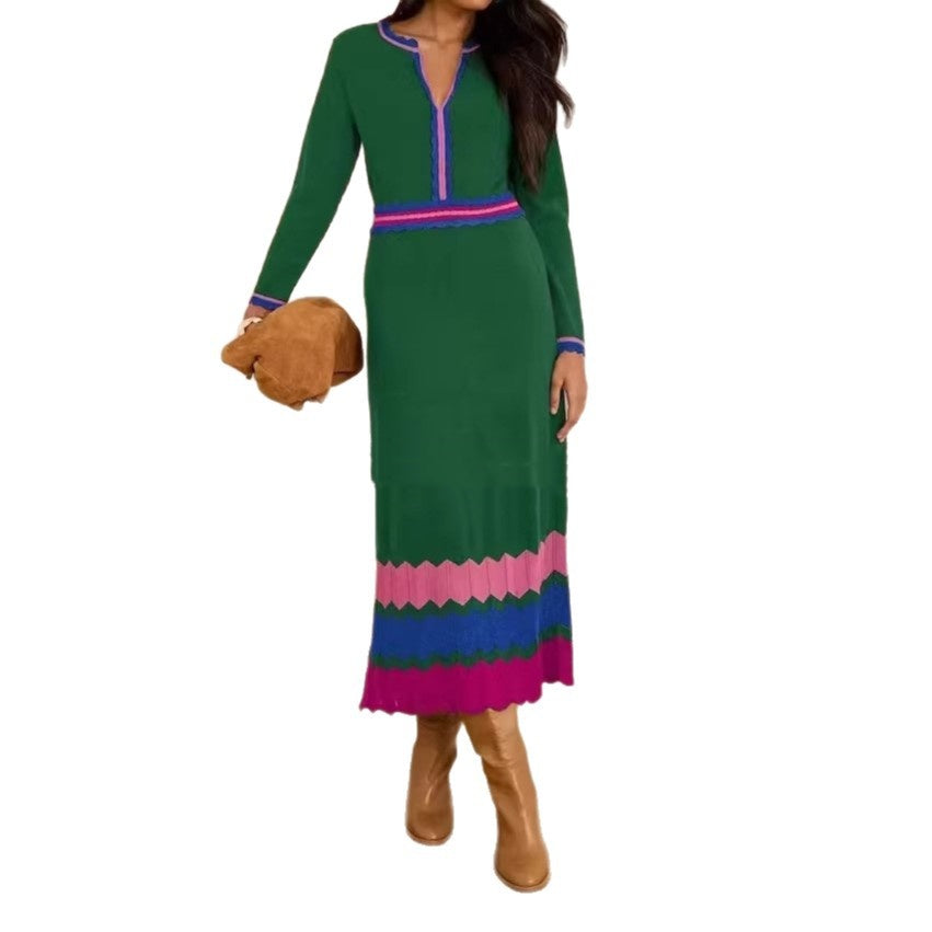 Patchwork V-neck Long Retro Waist-cinched Dress