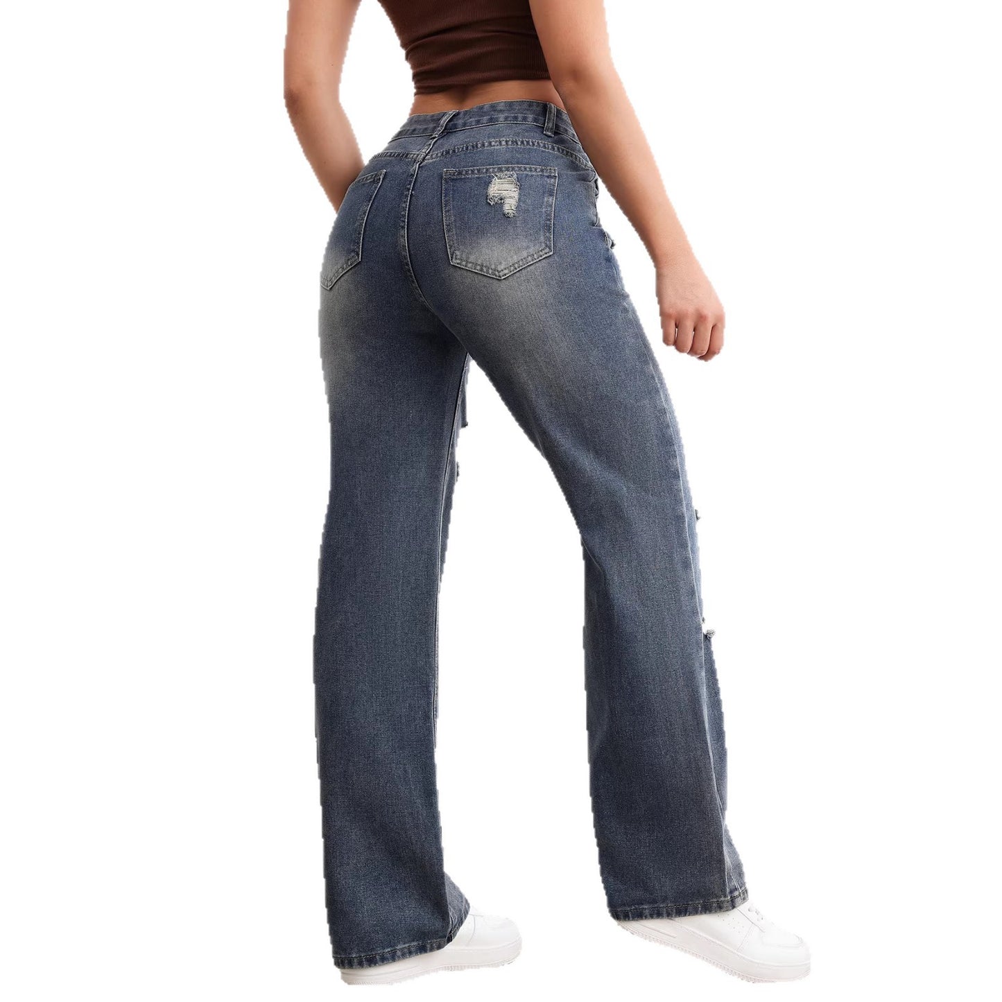 Dame-højtaljede lige jeans med huller