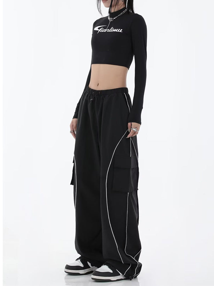 Skinny Black Sports Pants Functional Retro High Waist Loose All-matching