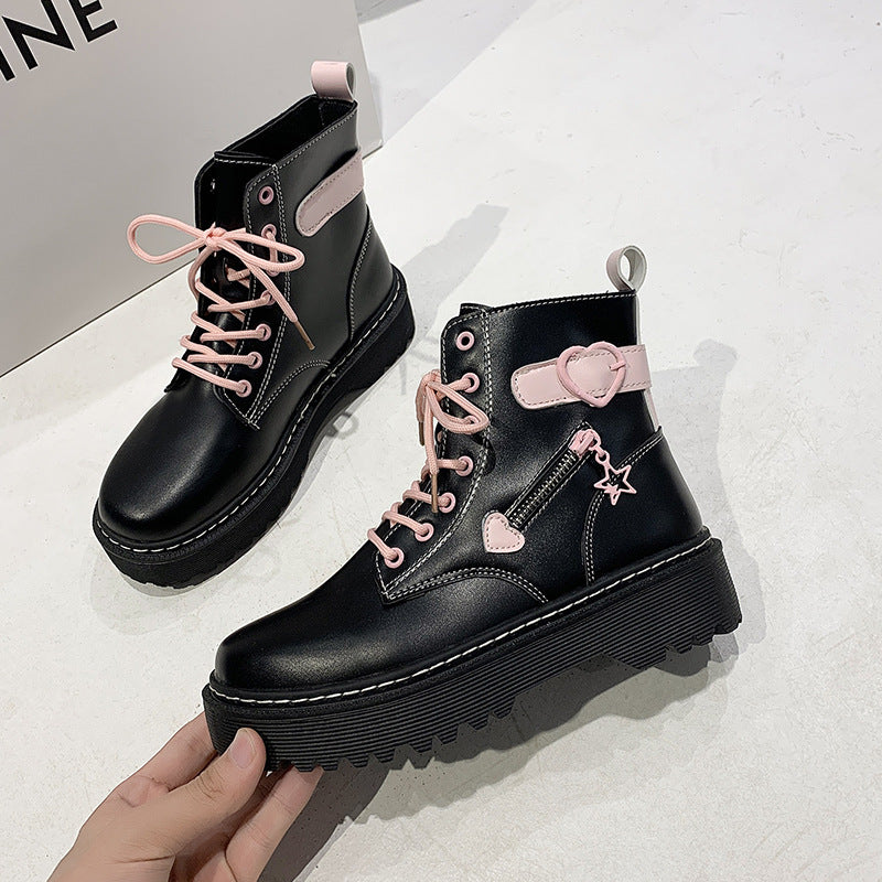 Lace-up British Boots Heart Zipper Black