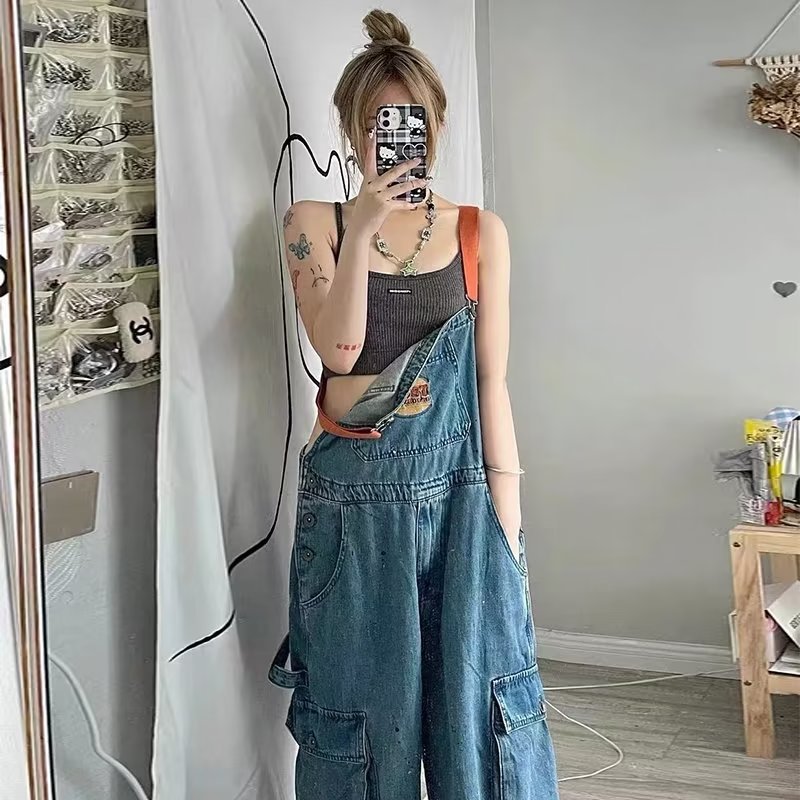 Retro Denim Suspender Pants Women's Overalls Loose