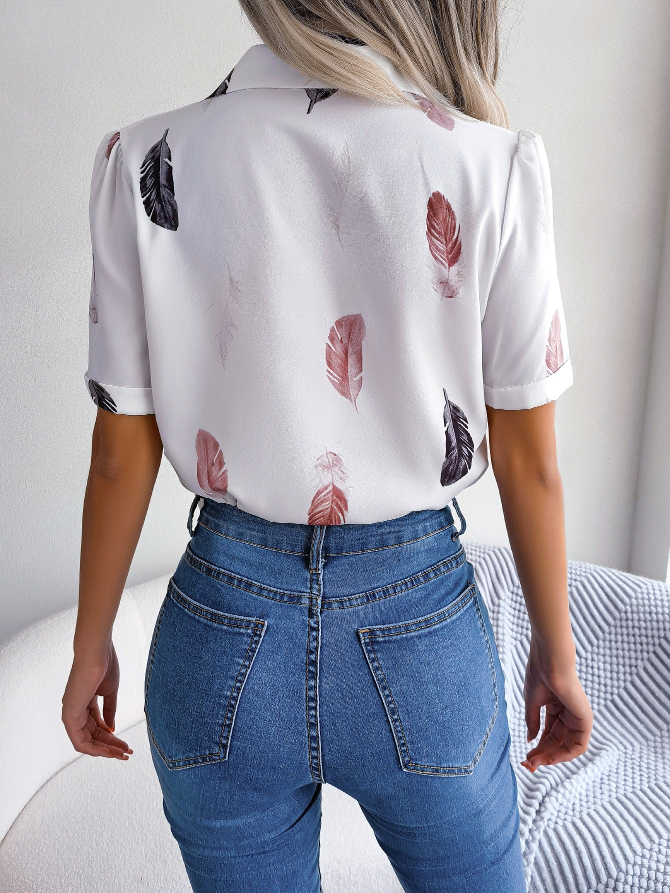 Women   Elegant Notched Lapel Feather Loose Short Sleeve Shirt