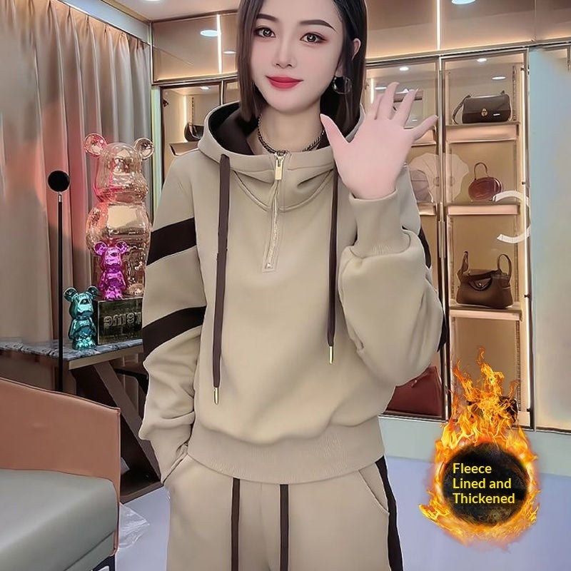 Fleece-lined Hoodie And Wide-leg Pants Two-piece Set Trendy