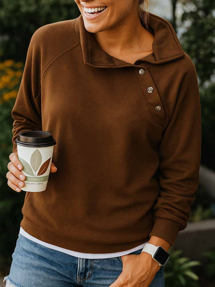 Casual Loose And Stylish Long Sleeves Button Diagonal Collar Sweater