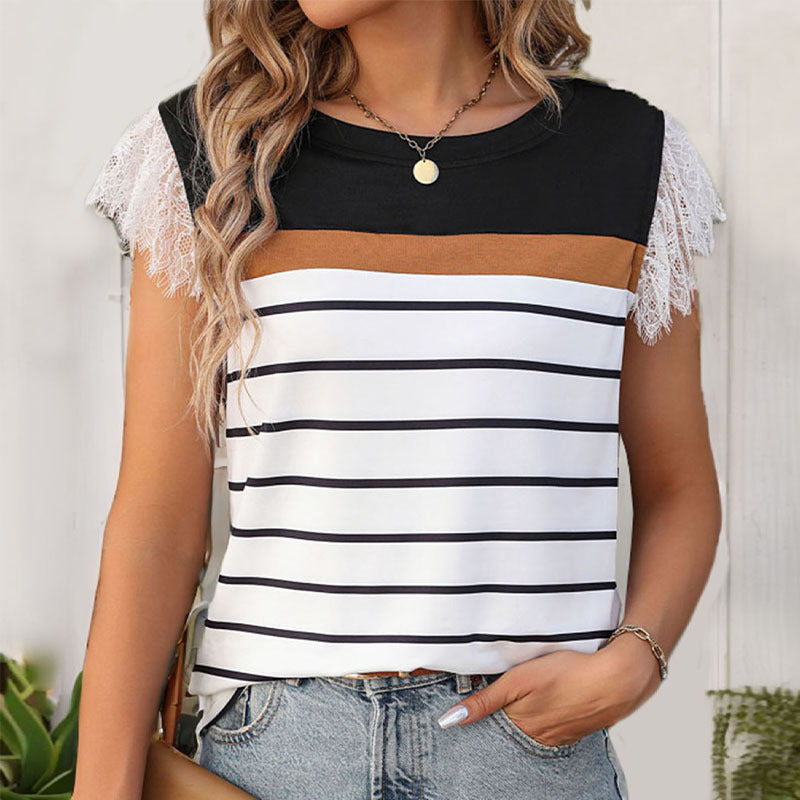Women's Striped Color Contrast Patchwork T-shirt Lace Stitching Short Sleeve