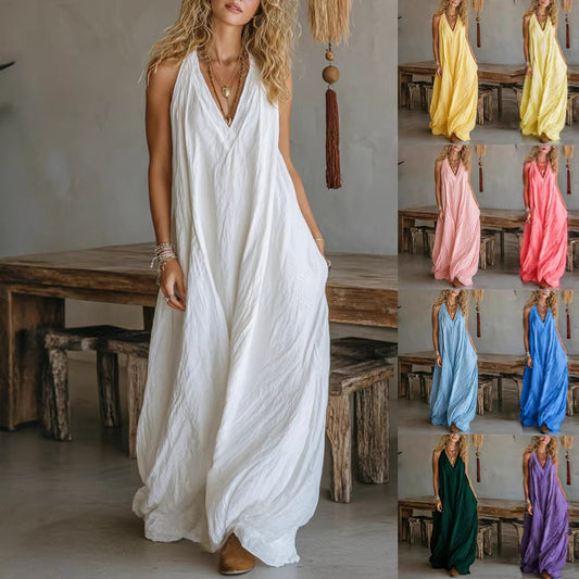 Casual Sleeveless Loose-fit Pocket Vest Maxi Dress