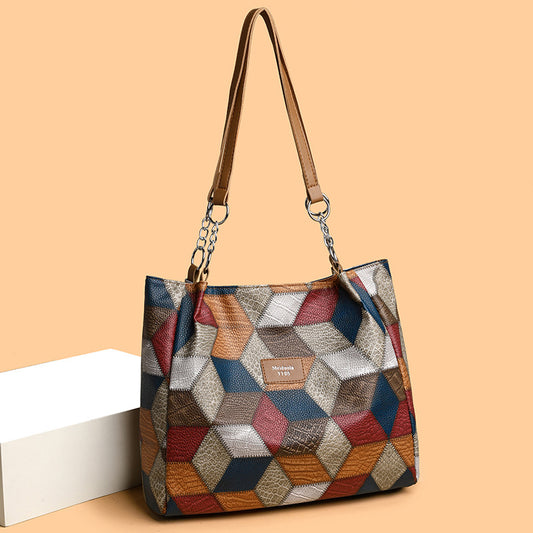 Retro Geometrisk Mønster Farve-match Skuldertaske Mode Stor Kapacitet Patchwork Håndtaske Til Kvinder Shopper
