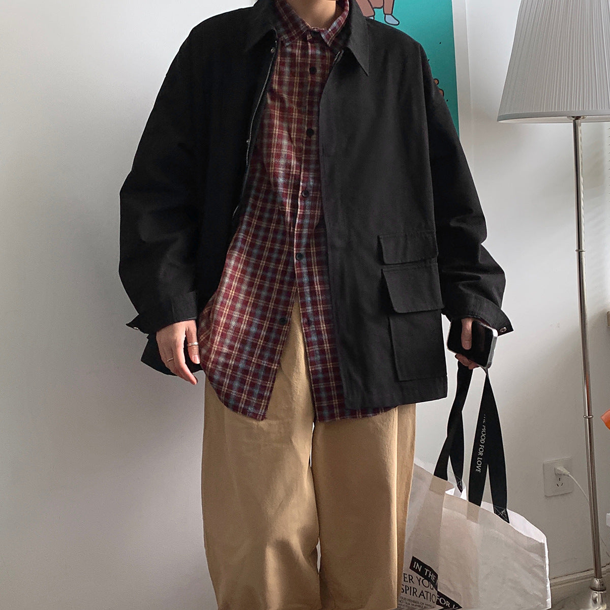 Enkel multi-lomme arbejdsjakke top i koreansk stil