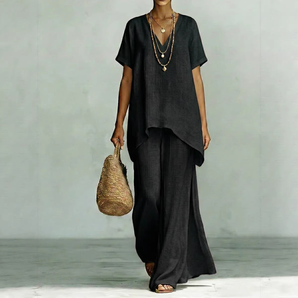 V-neck Short-sleeve Fashionable Loose Top And Wide-leg Pants Set