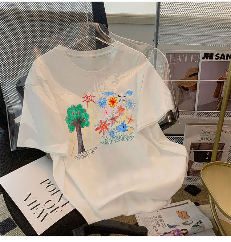 Cotton Plus Size Women's Summer Print Short Sleeve T-Shirt