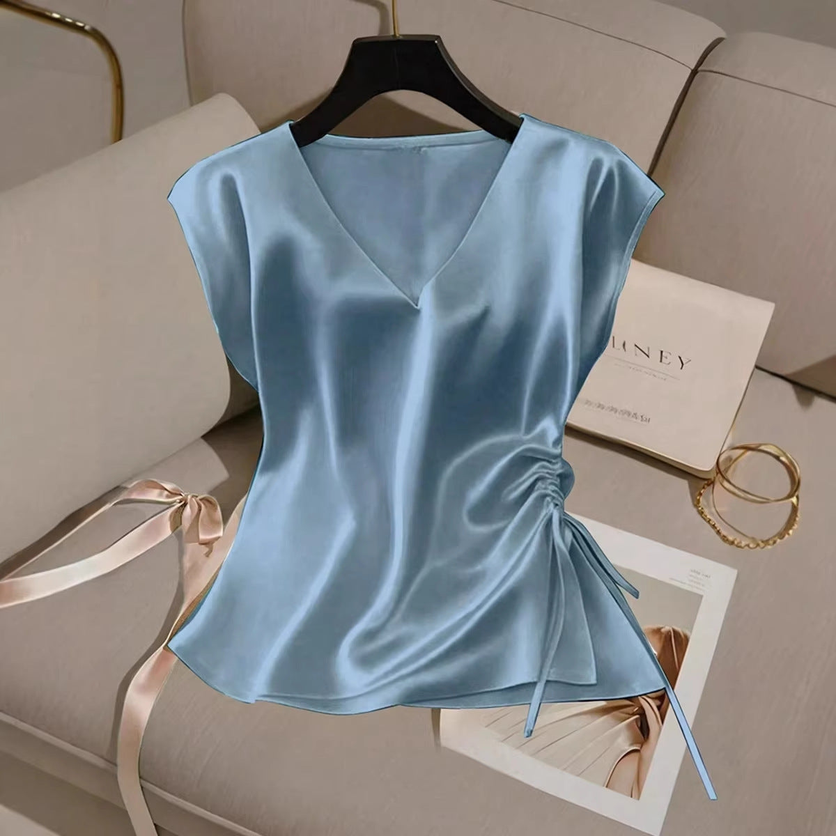 Womens Solid-Color Casual Satin V-Neck Top With Drawstring Hem