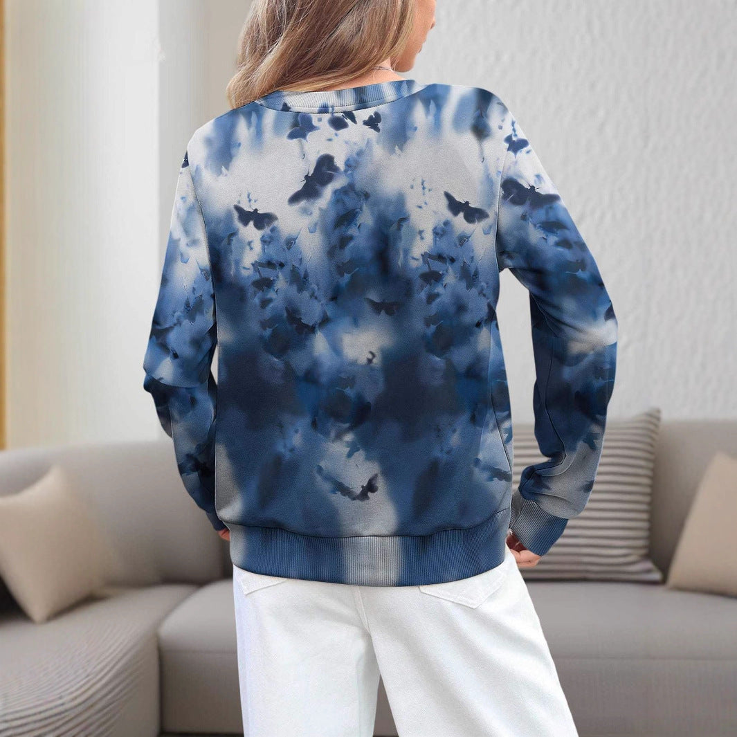 Dame 3D-printet rundhalset pullover, løs fritidstrøje