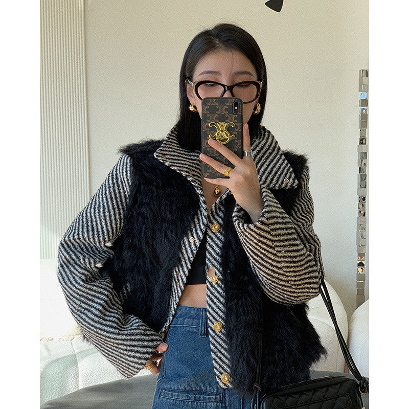 Temperament Small Fragrant Gold Buckle Tweed Faux Fur Coat