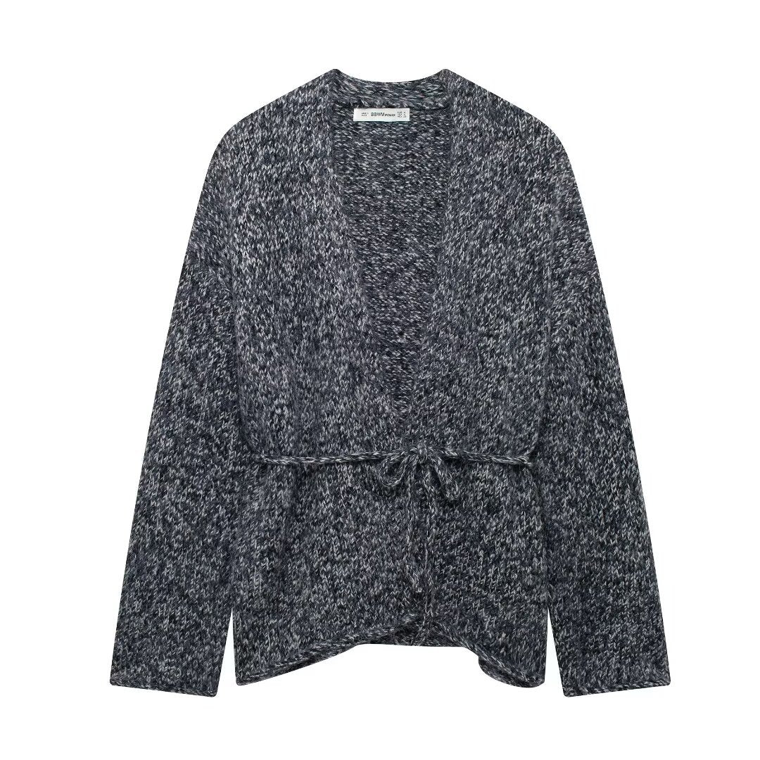 Women's Gray Drawstring Knitted Jacket Coat