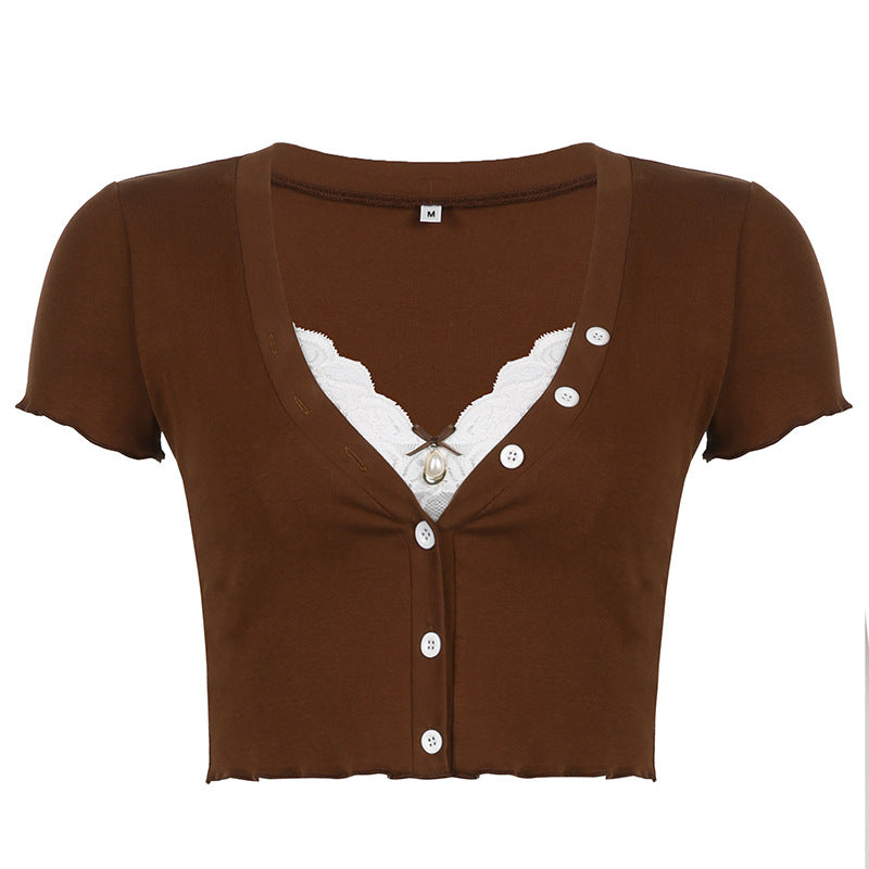 European And American Retro Fake Two-piece Stitching Knitted Short Sleeves