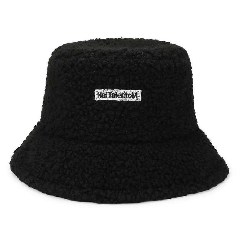 Internet Celebrity Same Style Lamb Wool Bucket Hat Female Korean Style Letter Embroidery Simple All-match