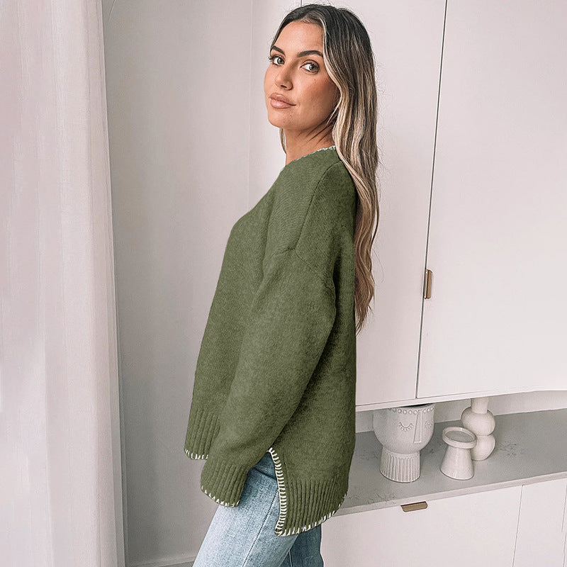 Simple Commute Leisure Pullover Trim Round Neck Knitted Sweater