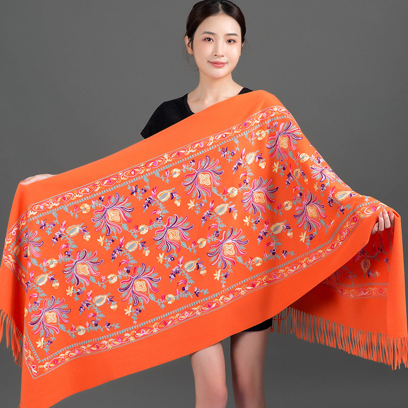 Thickened Tibetan-Nepalese Embroidered Cashmere-Style Scarf For Winter