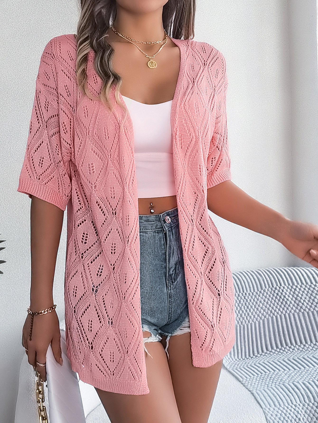 Women S Hollow Out Plaid Short Sleeve Knit Beach Cover-Up