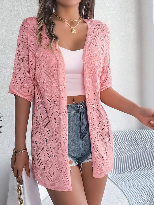 Women S Hollow Out Plaid Short Sleeve Knit Beach Cover-Up