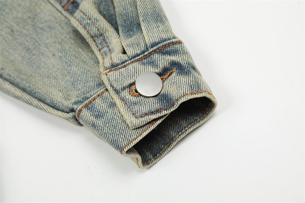 Men's Loose Hoodie Washed And Worn Lapel Denim Jacket Coat American Fashion