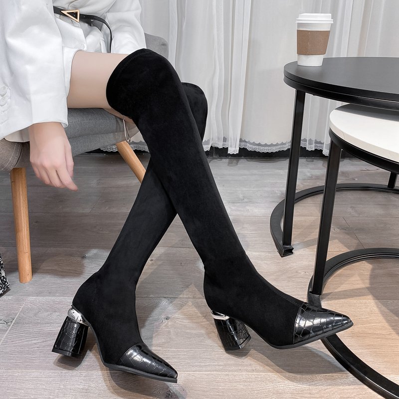 Pointed High-heeled Skinny Boots Thick-heeled Long Stretch Boots