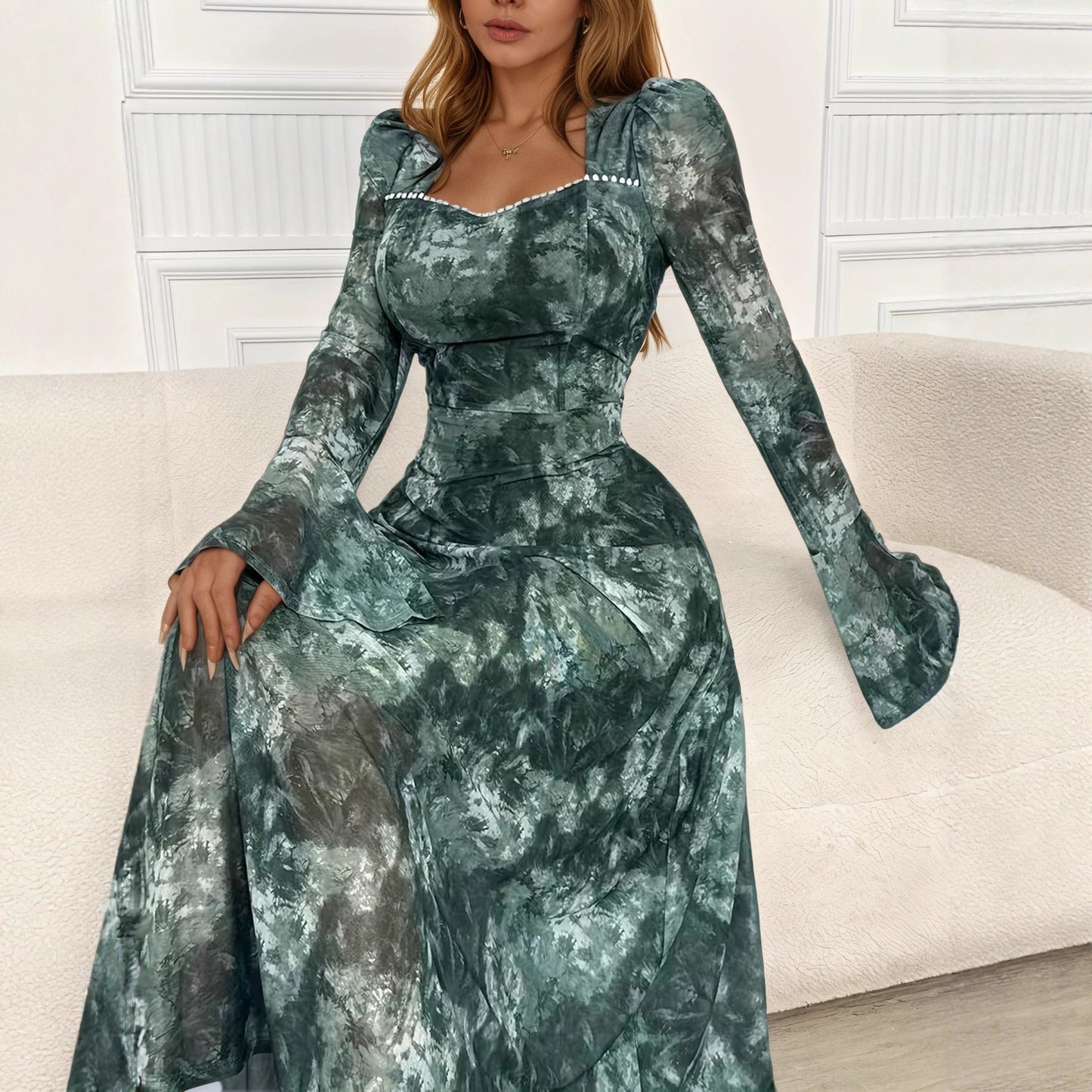 Elegant Square-neck Long-sleeve Tie-dye Printed Dress
