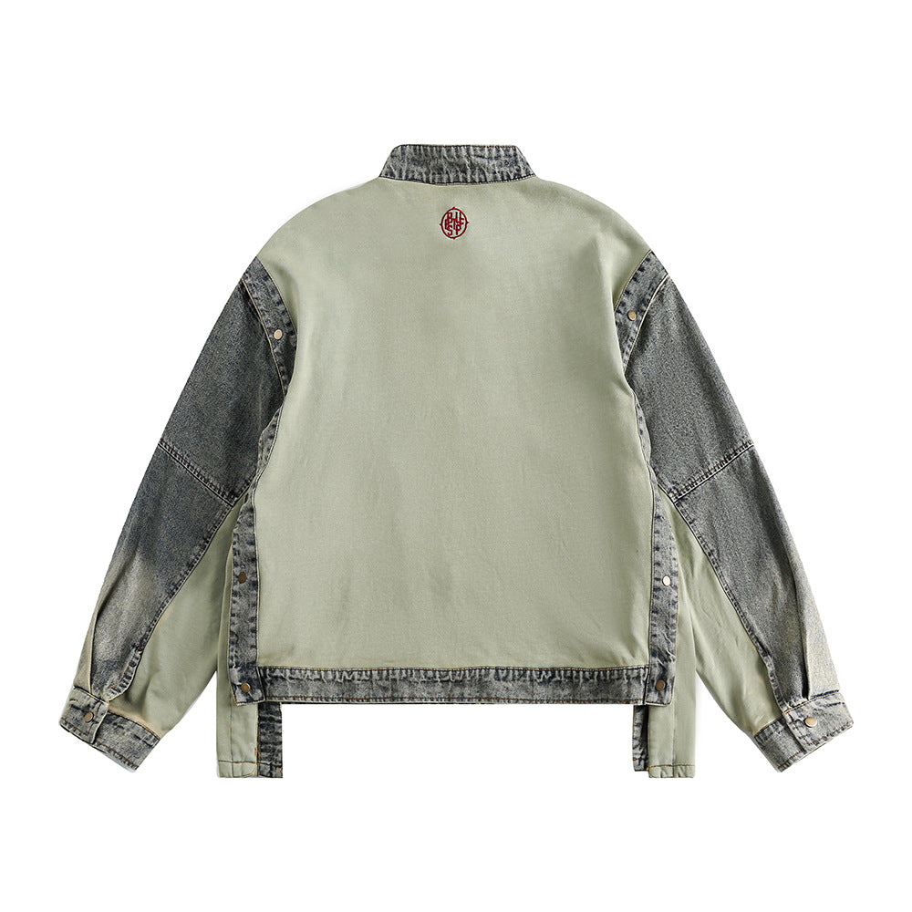 Punk Detachable Long Sleeve Stitching Washed And Worn Stand Collar Jacket