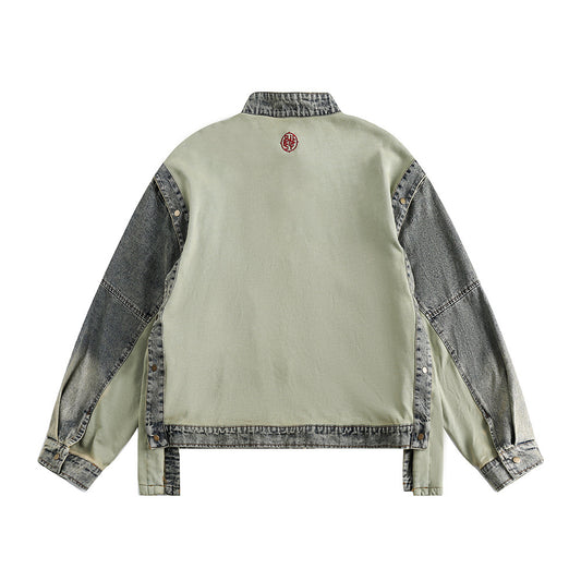 Punk Detachable Long Sleeve Stitching Washed And Worn Stand Collar Jacket