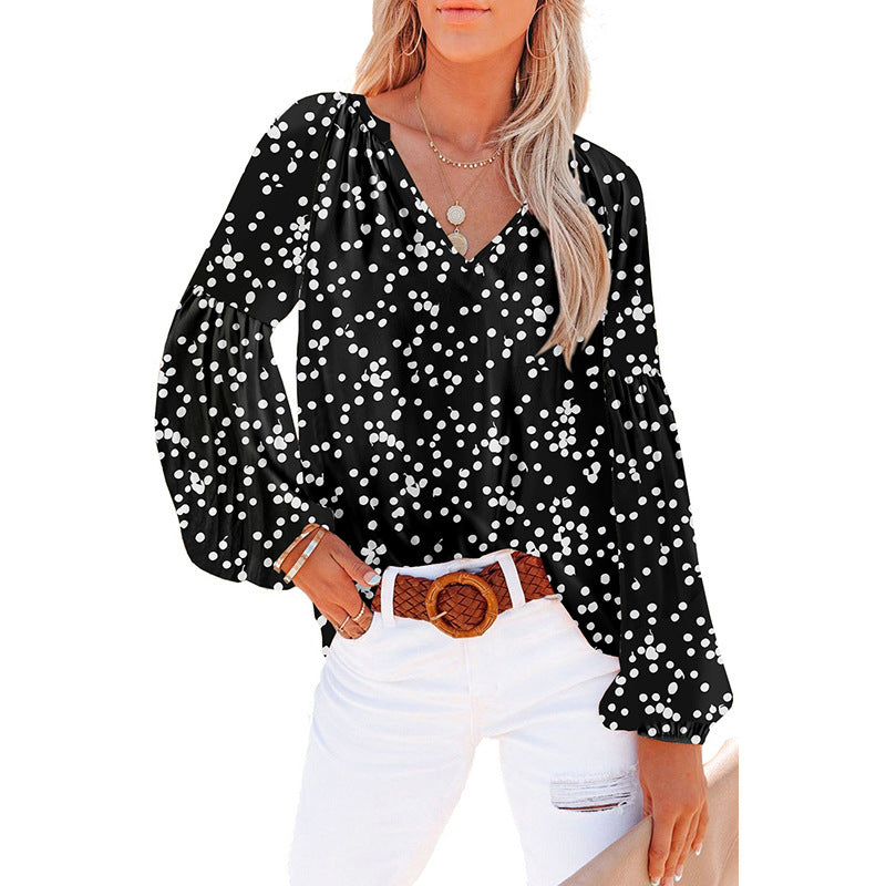 Dames Floral Chiffon Skjorte Løs V-hals Casual Top