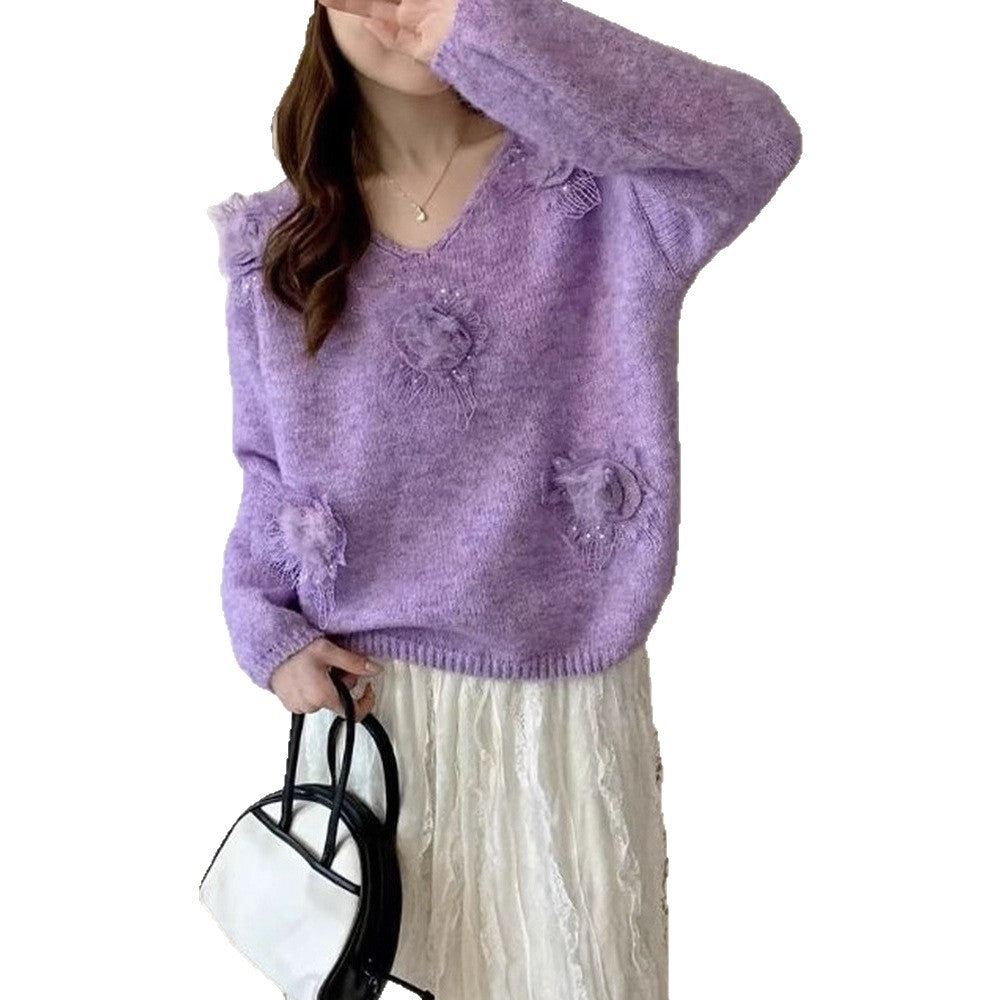 Gentle Style 3D Floral V-neck Sweet Age-reducing Sweater