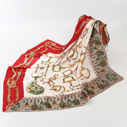 Horseshoe Buckle Stitched Fringed Print Scarf Women's Headscarf
