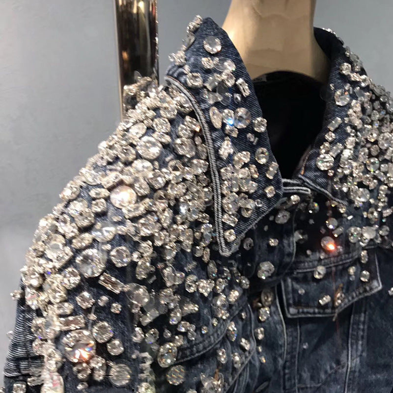 Beaded And Diamond Long-sleeved Loose Denim Jacket