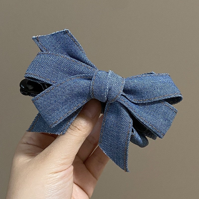 Back Head Blue Denim Bow Barrettes