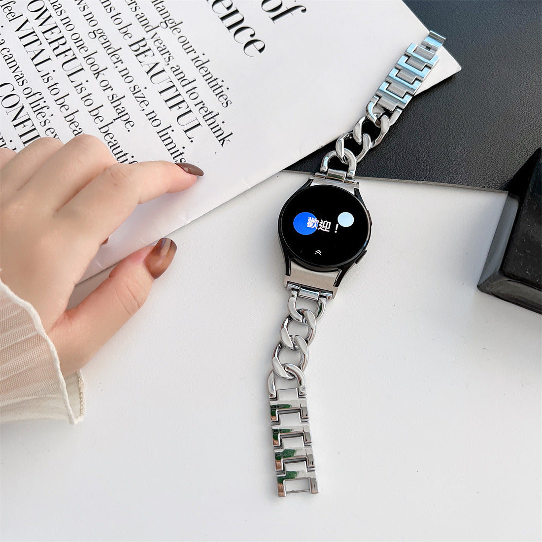Smartwatch-armbånd, enkeltrække, denimkæde, metal