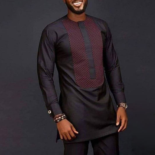 Ethnic Style Men's Suit Printed Stitching Shirt And Solid Color Pants Men Leisure Set