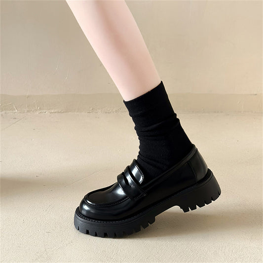 New Chunky Heel Platform British Style Leather Shoes Women