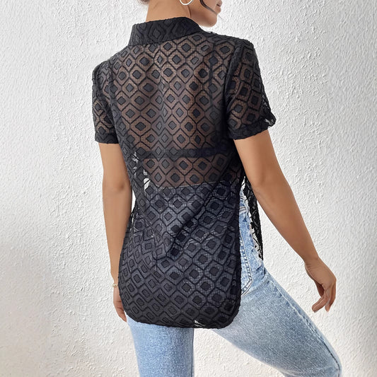 Womens Solid-Color Fashion Jacquard Chiffon Short-Sleeve Top