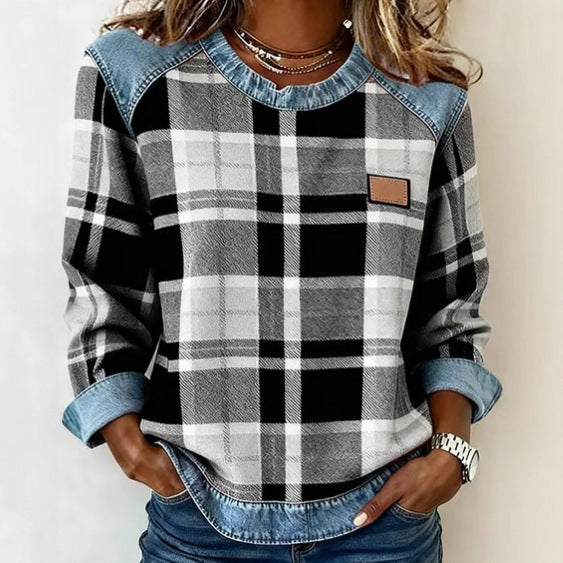 New Plaid Patchwork Loose-fitting Womens Crew-neck Blouse