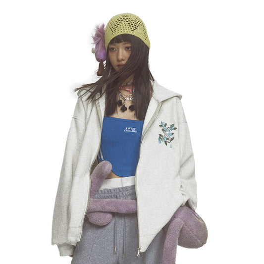 Small Floral Vine Embroidery Hooded Loose Coat