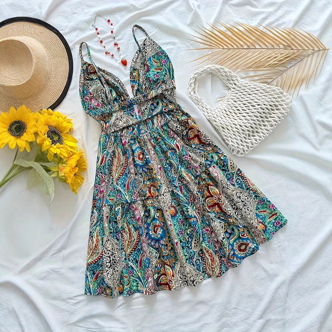 Printed Strap V Neck Hollow Out Backless Beach Dress